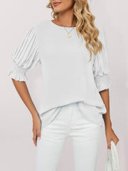 Women's Woven Round Neck Ruffle Princess Sleeve Loose Chiffon Top - 808Lush