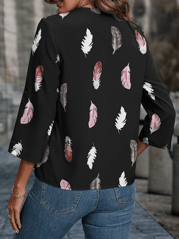 Women's Woven V-Neck Feather Print Sleeve Loose Blouse - 808Lush