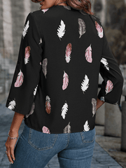 Women's Woven V-Neck Feather Print Sleeve Loose Blouse - 808Lush