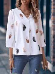 Women's Woven V-Neck Feather Print Sleeve Loose Blouse - 808Lush