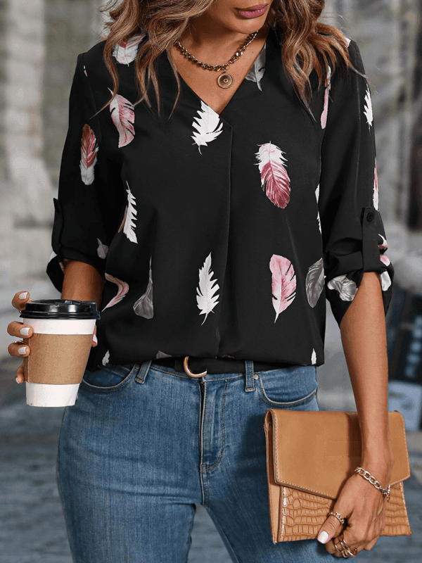 Women's Woven V-Neck Feather Print Sleeve Loose Blouse - 808Lush