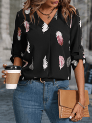 Women's Woven V-Neck Feather Print Sleeve Loose Blouse - 808Lush