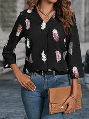 Women's Woven V-Neck Feather Print Sleeve Loose Blouse - 808Lush