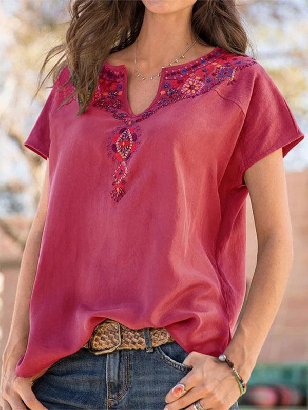 Women's Woven Western Ethnic Style Loose Short Sleeve Top - 808Lush