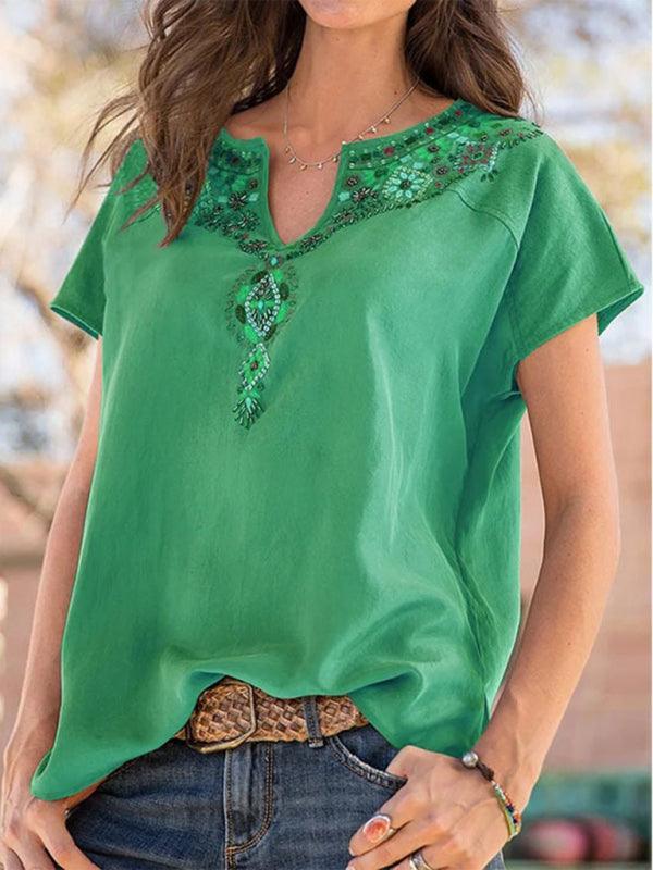 Women's Woven Western Ethnic Style Loose Short Sleeve Top - 808Lush