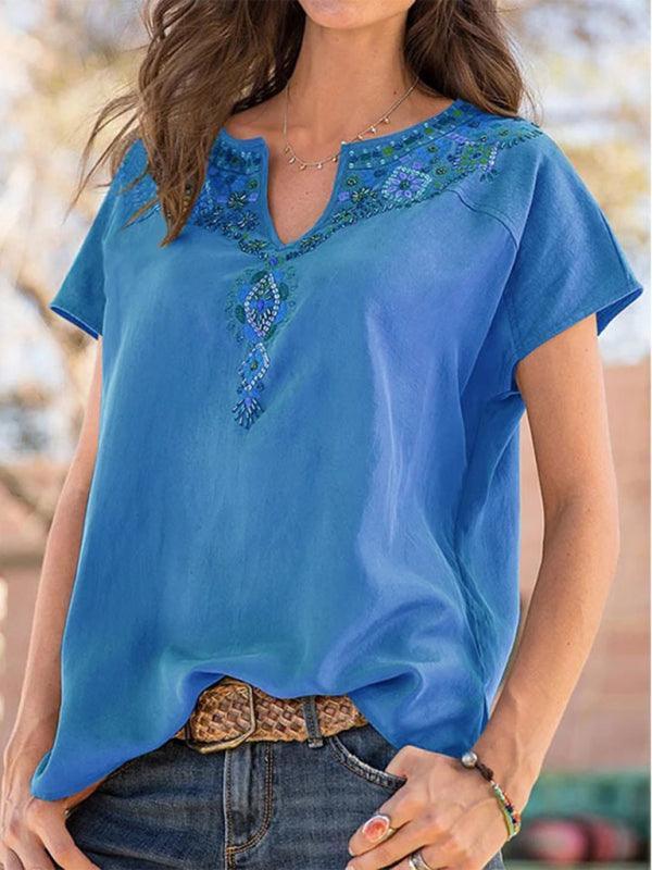 Women's Woven Western Ethnic Style Loose Short Sleeve Top - 808Lush