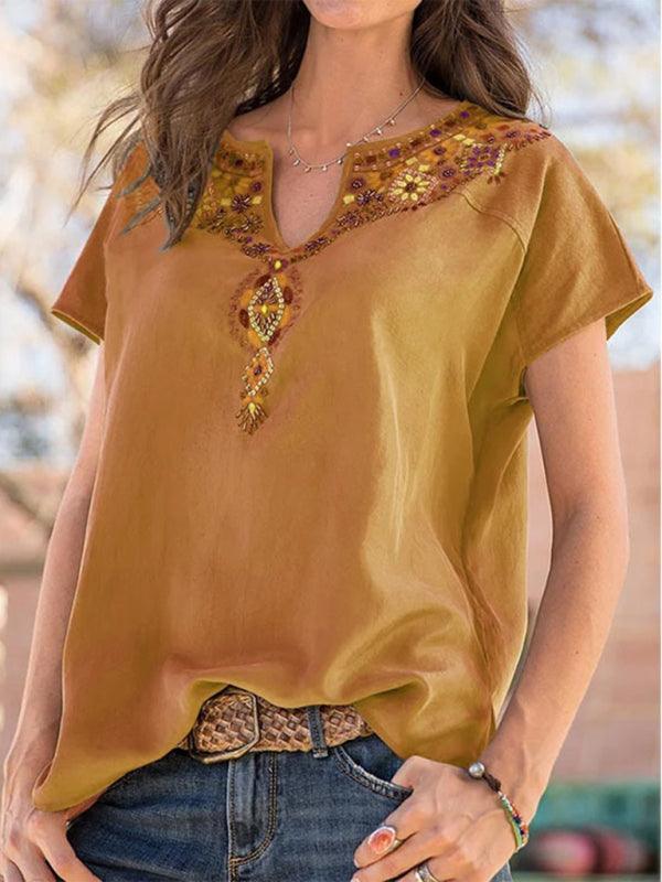 Women's Woven Western Ethnic Style Loose Short Sleeve Top - 808Lush