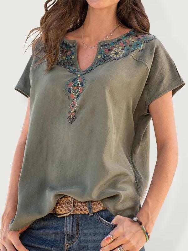 Women's Woven Western Ethnic Style Loose Short Sleeve Top - 808Lush