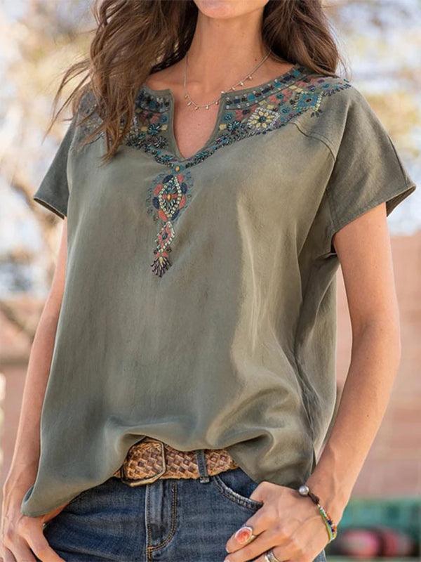 Women's Woven Western Ethnic Style Loose Short Sleeve Top - 808Lush