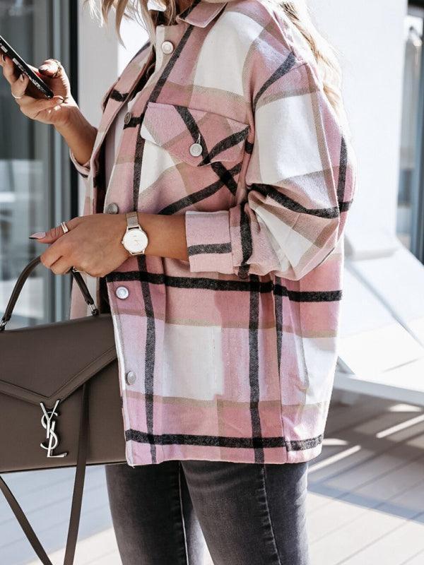 Women's autumn and winter long-sleeved loose wool plaid coat - 808Lush