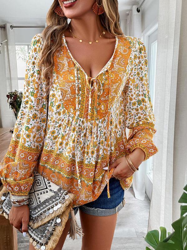 Women's bohemian printed lace-up blouse - 808Lush