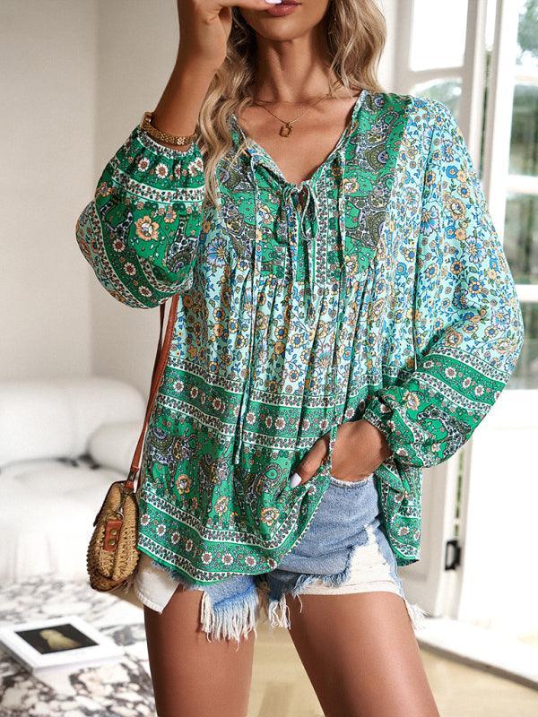 Women's bohemian printed lace-up blouse - 808Lush