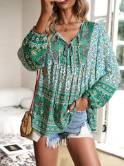 Women's bohemian printed lace-up blouse - 808Lush