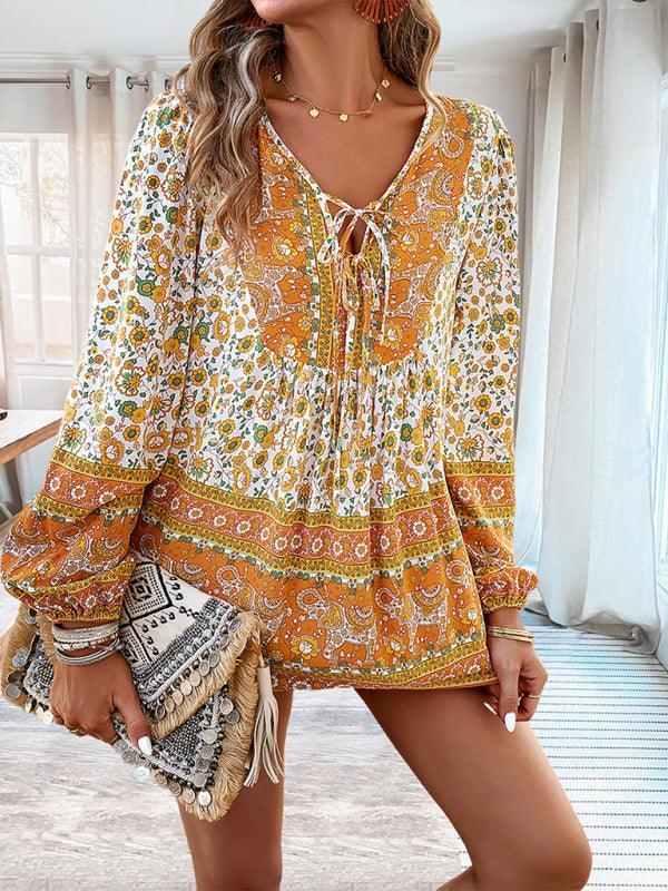 Women's bohemian printed lace-up blouse - 808Lush