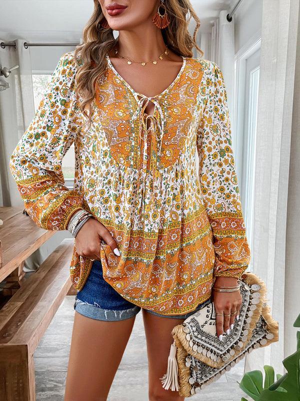 Women's bohemian printed lace-up blouse - 808Lush