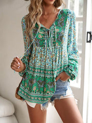 Women's bohemian printed lace-up blouse - 808Lush