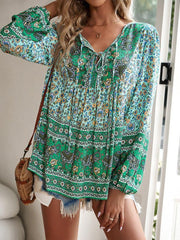 Women's bohemian printed lace-up blouse - 808Lush