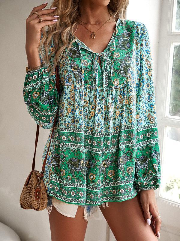 Women's bohemian printed lace-up blouse - 808Lush