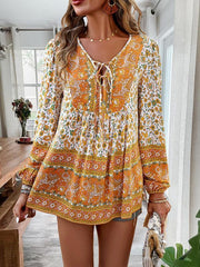 Women's bohemian printed lace-up blouse - 808Lush