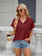 Women's buttoned hooded drawstring short-sleeved T-shirt top - 808Lush