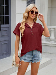 Women's buttoned hooded drawstring short-sleeved T-shirt top - 808Lush