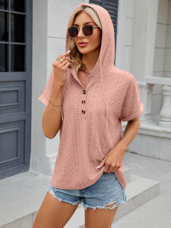 Women's buttoned hooded drawstring short-sleeved T-shirt top - 808Lush