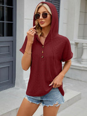 Women's buttoned hooded drawstring short-sleeved T-shirt top - 808Lush