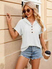 Women's buttoned hooded drawstring short-sleeved T-shirt top - 808Lush