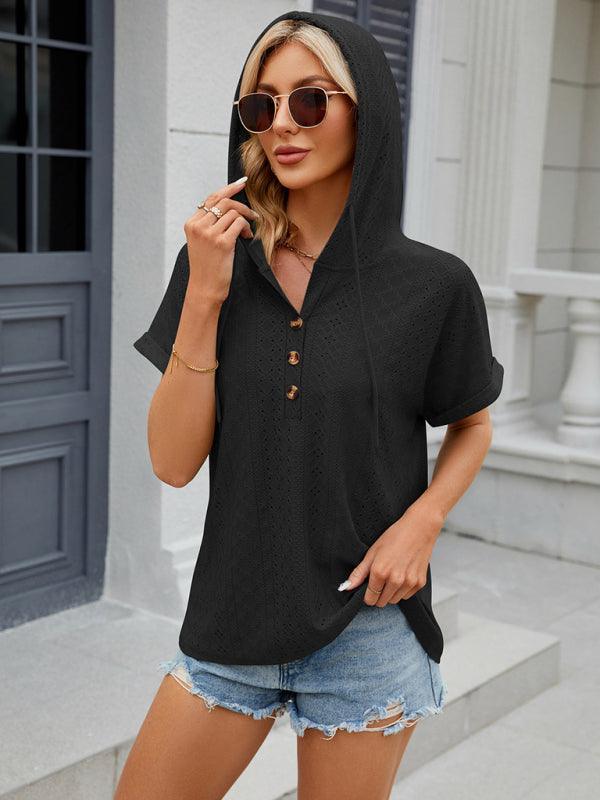 Women's buttoned hooded drawstring short-sleeved T-shirt top - 808Lush