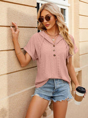 Women's buttoned hooded drawstring short-sleeved T-shirt top - 808Lush