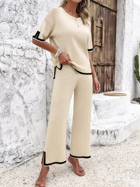 Women's casual color-blocked short-sleeved trousers knitted two-piece set - 808Lush