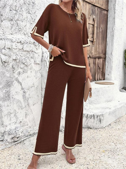 Women's casual color-blocked short-sleeved trousers knitted two-piece set - 808Lush
