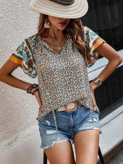 Women's casual ethnic style printed V-neck short-sleeved loose shirt - 808Lush