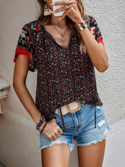 Women's casual ethnic style printed V-neck short-sleeved loose shirt - 808Lush