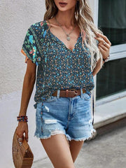 Women's casual ethnic style printed V-neck short-sleeved loose shirt - 808Lush