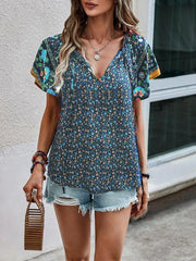 Women's casual ethnic style printed V-neck short-sleeved loose shirt - 808Lush