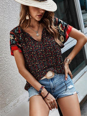 Women's casual ethnic style printed V-neck short-sleeved loose shirt - 808Lush