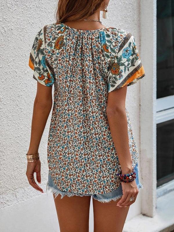 Women's casual ethnic style printed V-neck short-sleeved loose shirt - 808Lush