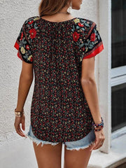 Women's casual ethnic style printed V-neck short-sleeved loose shirt - 808Lush