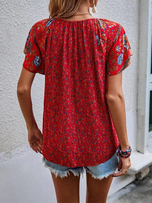 Women's casual ethnic style printed V-neck short-sleeved loose shirt - 808Lush