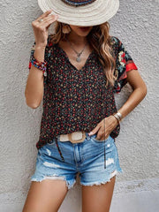 Women's casual ethnic style printed V-neck short-sleeved loose shirt - 808Lush