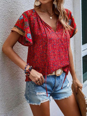 Women's casual ethnic style printed V-neck short-sleeved loose shirt - 808Lush