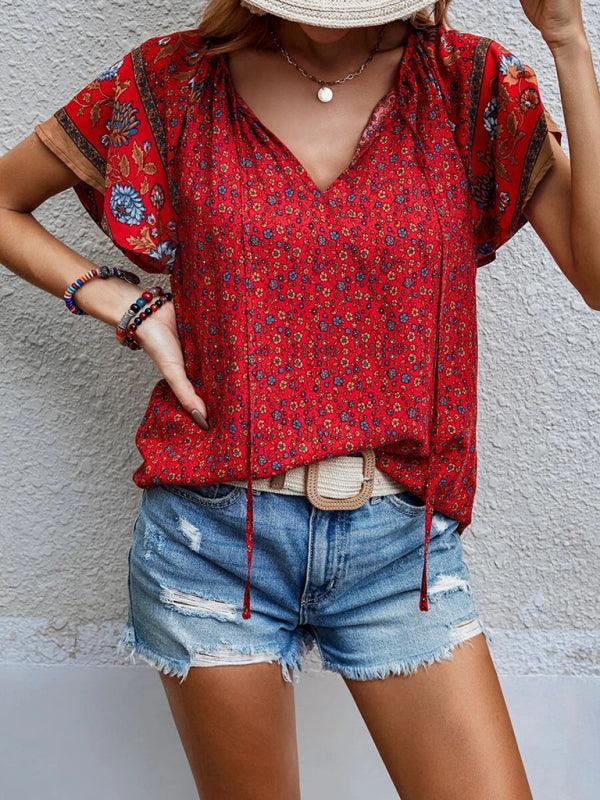 Women's casual ethnic style printed V-neck short-sleeved loose shirt - 808Lush