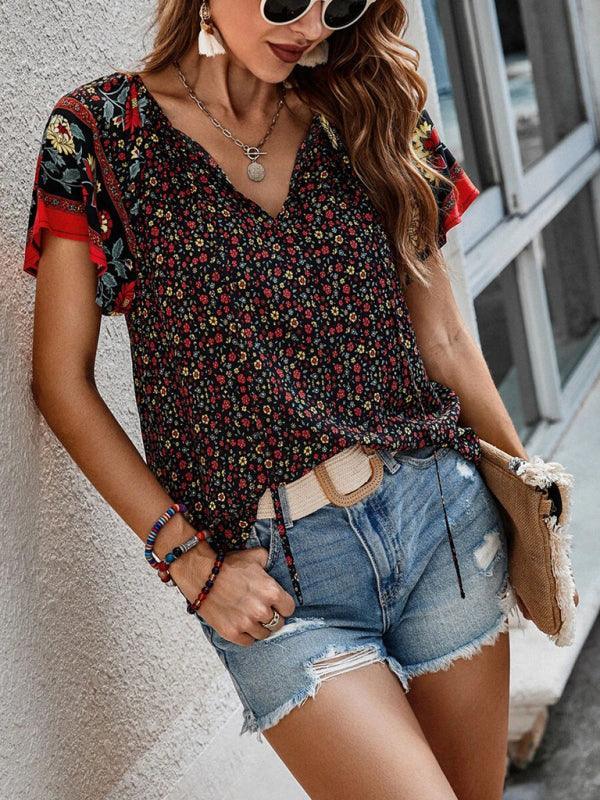 Women's casual ethnic style printed V-neck short-sleeved loose shirt - 808Lush