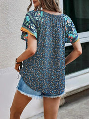 Women's casual ethnic style printed V-neck short-sleeved loose shirt - 808Lush