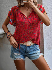 Women's casual ethnic style printed V-neck short-sleeved loose shirt - 808Lush