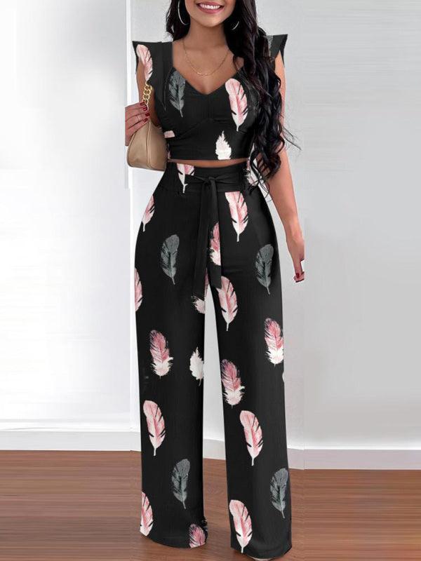 Women's casual fashion feather print commuting two-piece suit - 808Lush