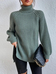 Women's casual pullover turtleneck slit loose sweater - 808Lush