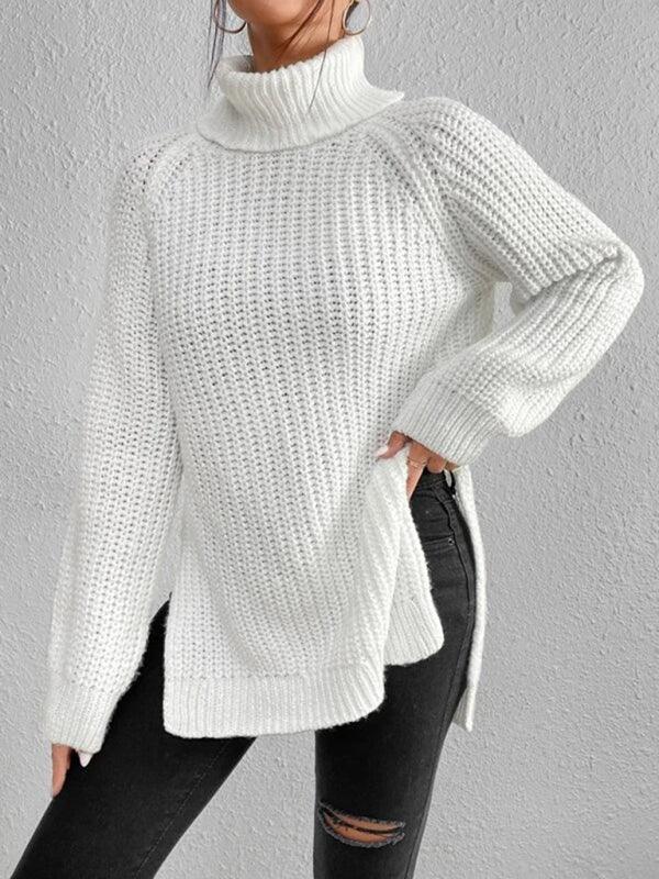 Women's casual pullover turtleneck slit loose sweater - 808Lush