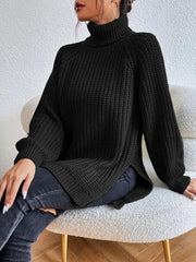 Women's casual pullover turtleneck slit loose sweater - 808Lush